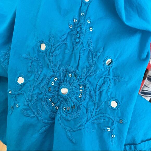 Calypso St. Barth Aqua Blue 3/4 Sleeve Embroidered Cotton Tunic Women's size M - Picture 5 of 8